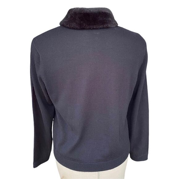 Nina Leonard Classic Zip Cardi w/Faux Fur Collar Sz L Long Sleeve Wool Blend - Picture 2 of 9
